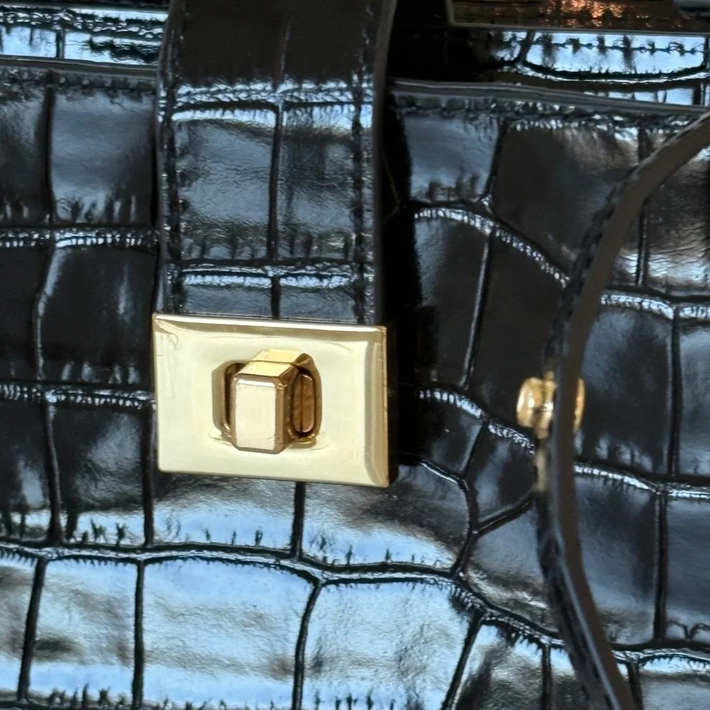 J. Crew Black Croc-Embossed Crossbody Bag with Gold Hardware